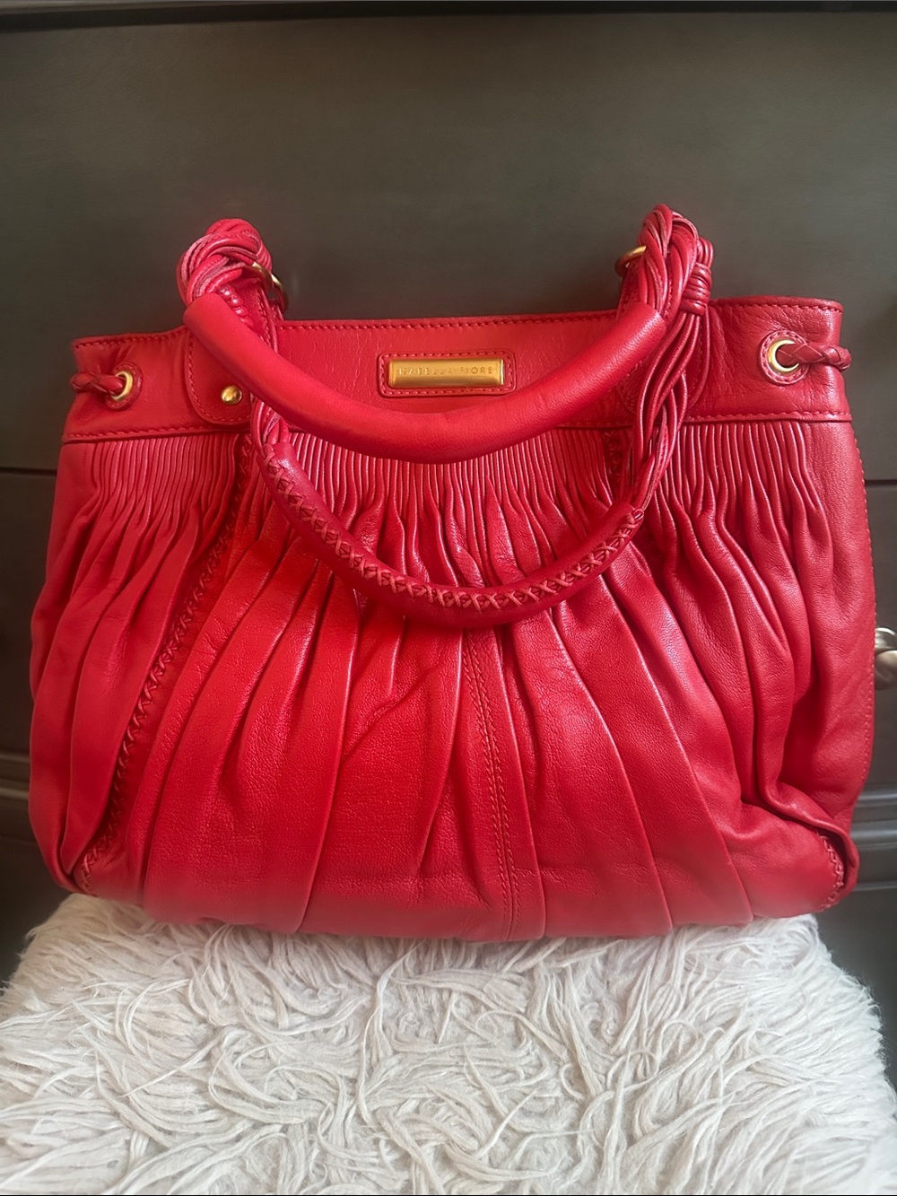 Isabella Fiore Red Pleated Leather Satchel with Braided Handles